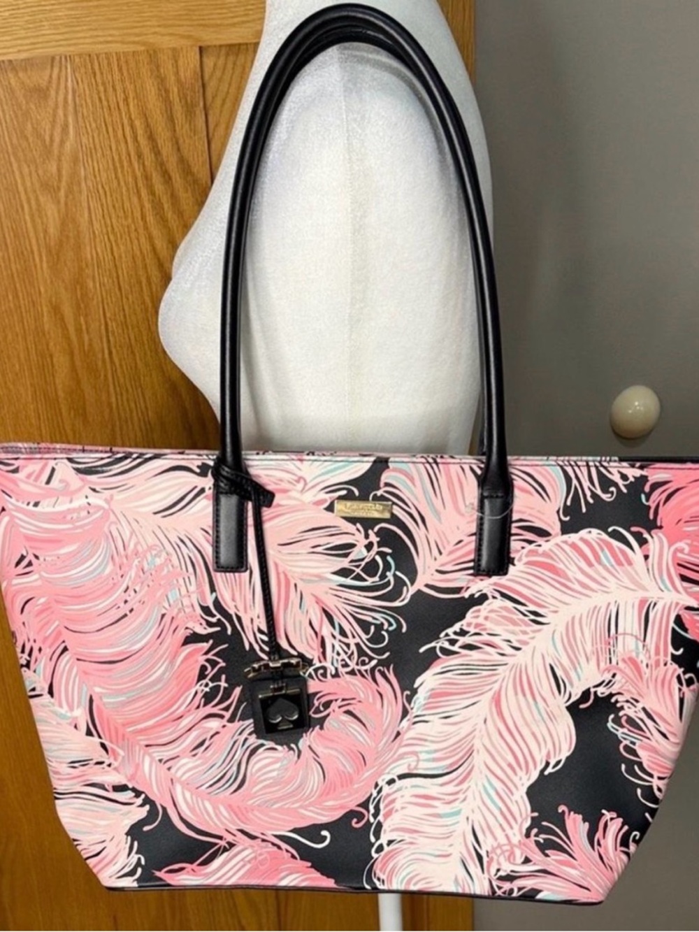 kate spade Black Tote with Pink Feather Print